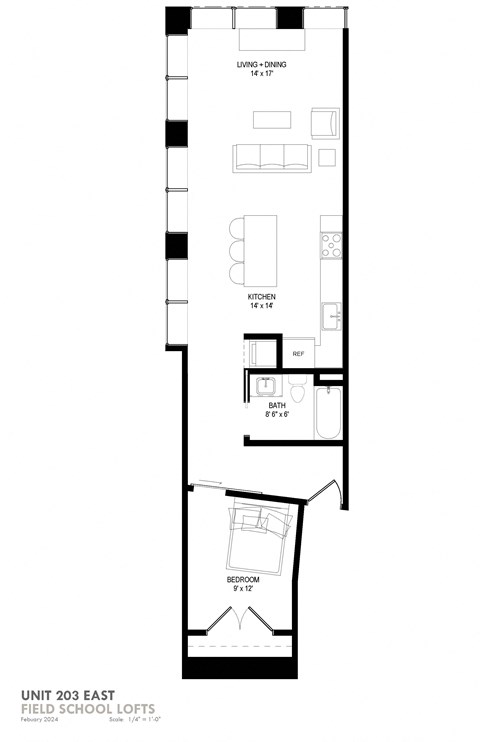 Floor plan for 1 bed, 1 bath, 780 sqft